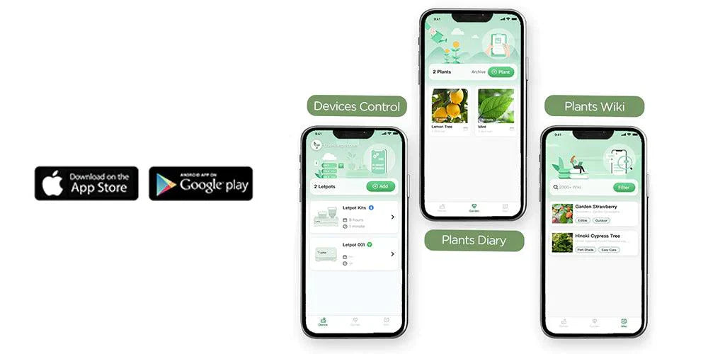 Screenshots of smart indoor gardening app for plant care with iOS and Android download buttons