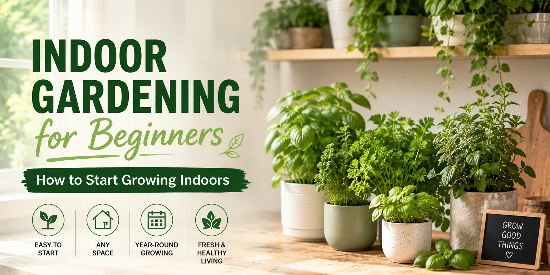 Indoor gardening for beginners with potted herbs and fresh green plants on a wooden shelf