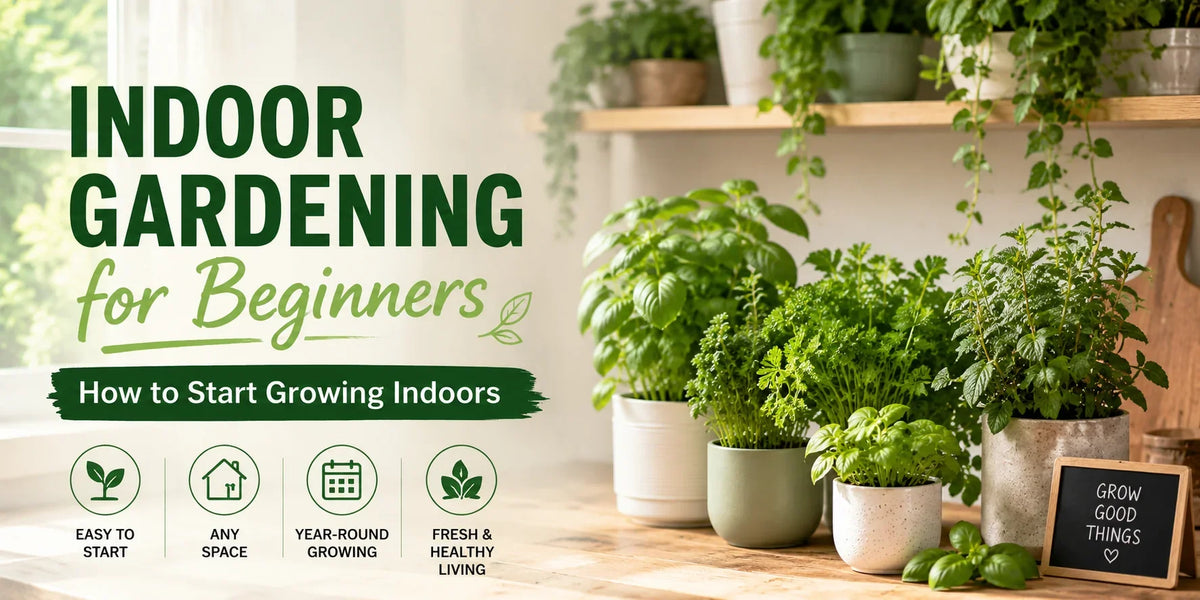 Indoor gardening for beginners with potted herbs and fresh green plants on a wooden shelf