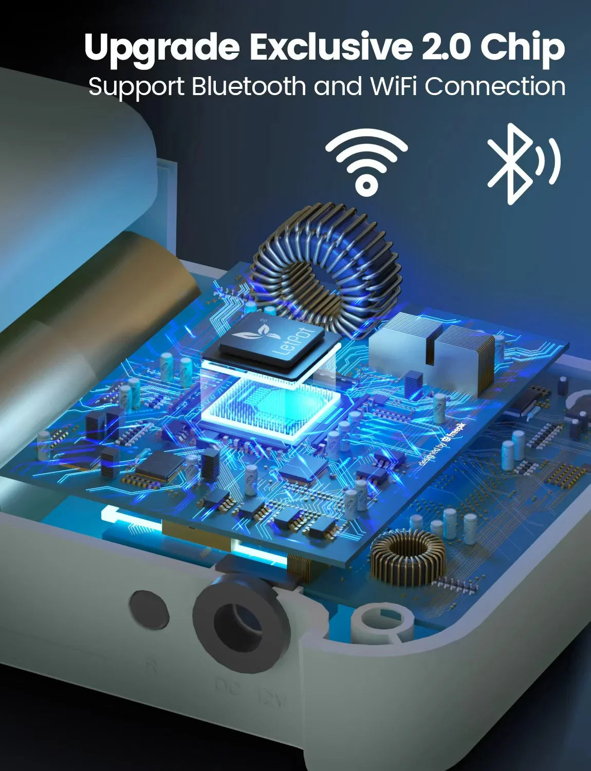 Smart indoor gardening chip with Bluetooth and WiFi support on a blue circuit board