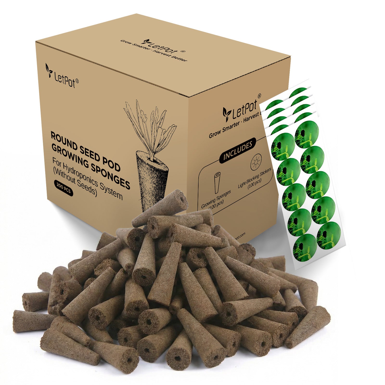 Hydroponic round seed pod growing sponges with box and plant starter plugs, 200 pieces