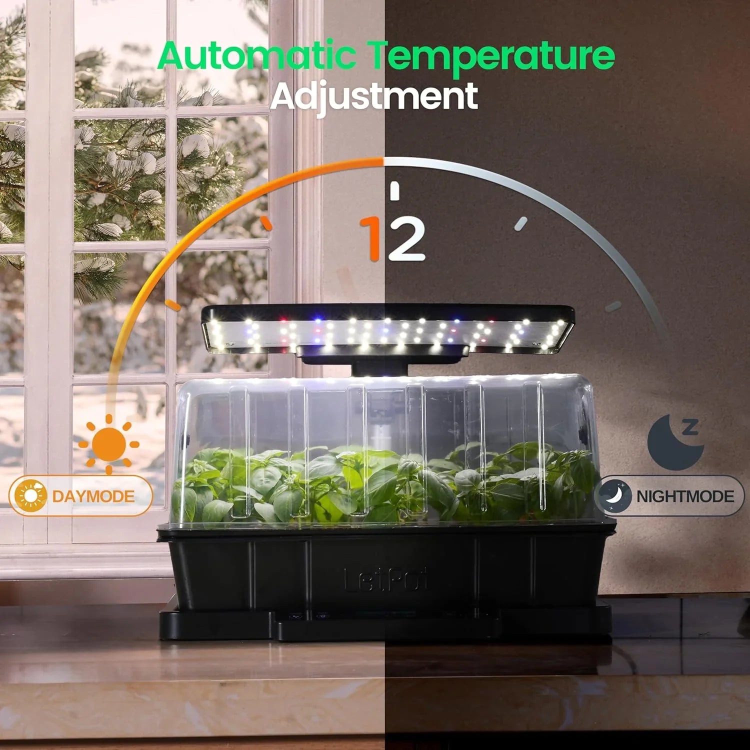 Indoor hydroponic garden system with LED grow lights and automatic temperature adjustment