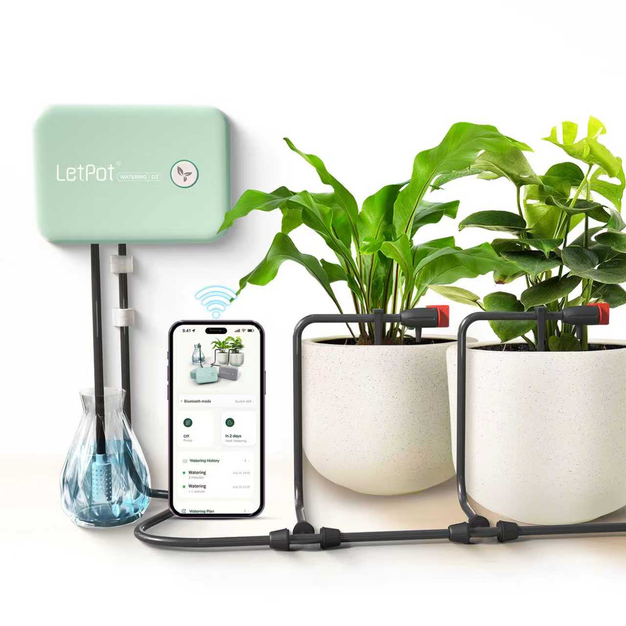 Automatic plant watering system with smartphone app, connected to two indoor potted plants