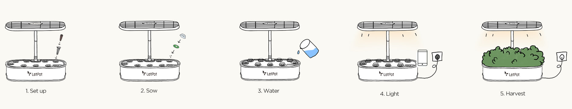 Steps for using an indoor hydroponic garden system: set up, sow seeds, add water, light, harvest.