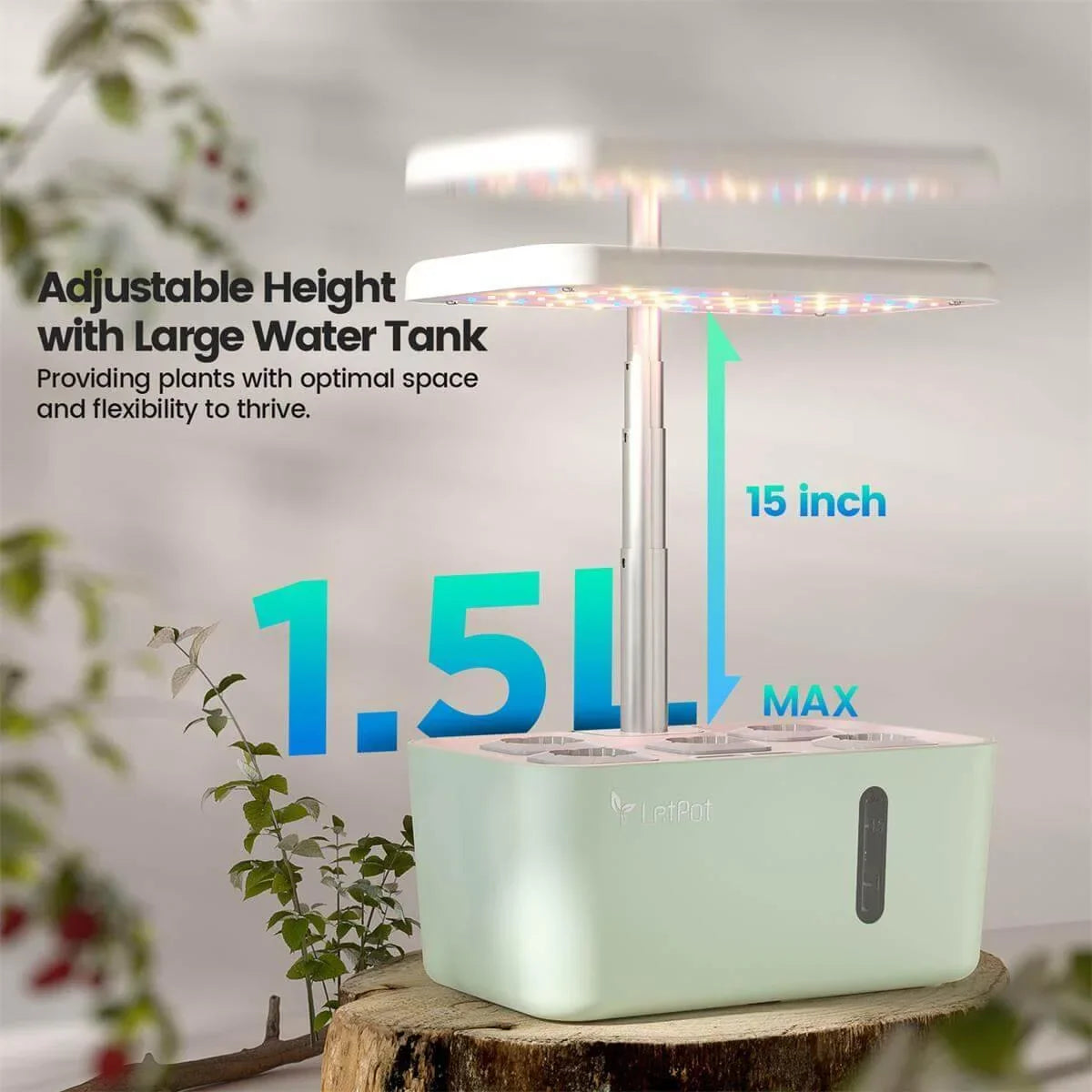 Indoor hydroponic grow system with 1.5L water tank and 15-inch adjustable LED light pole