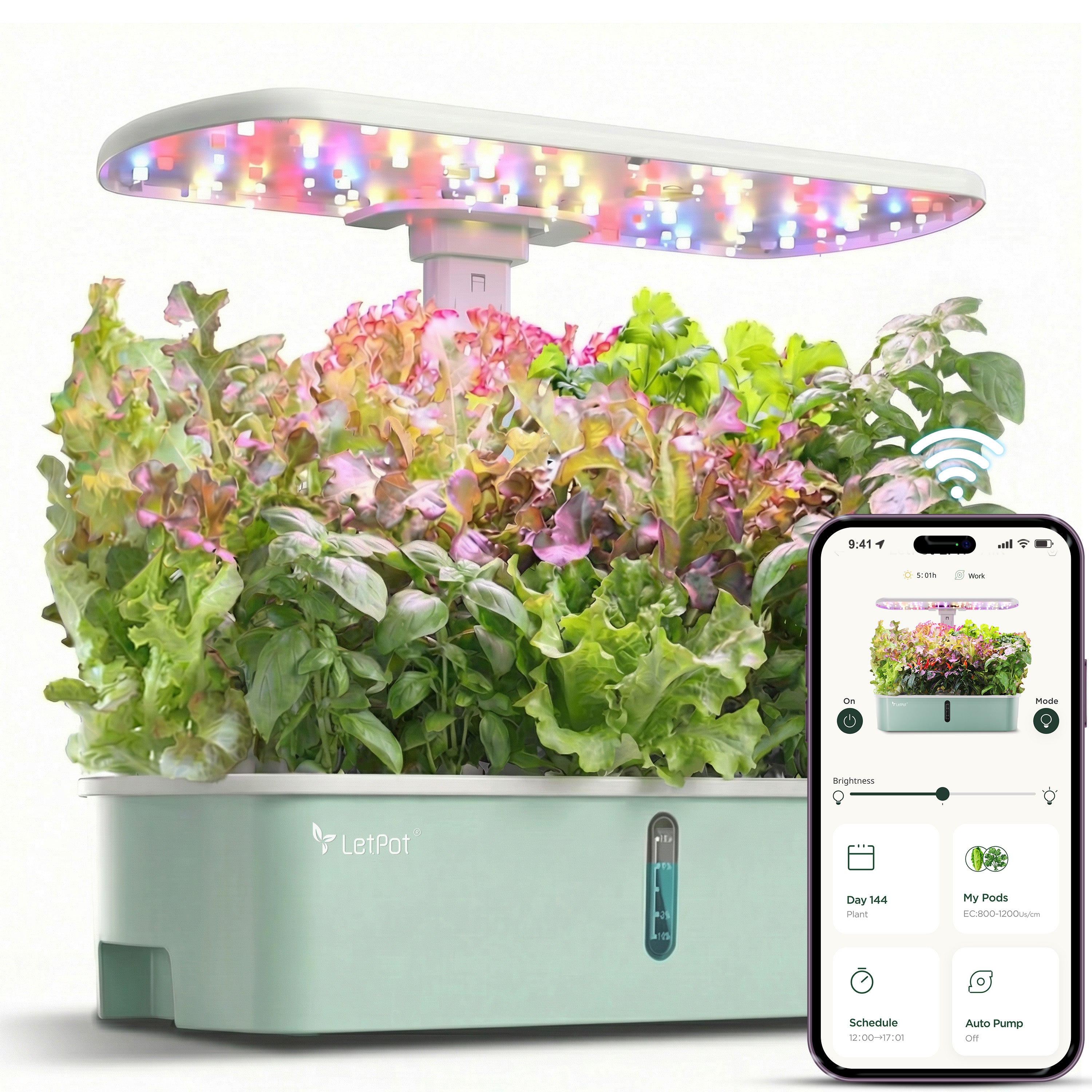 Smart indoor hydroponic garden with LED grow light, leafy greens, and app control on smartphone