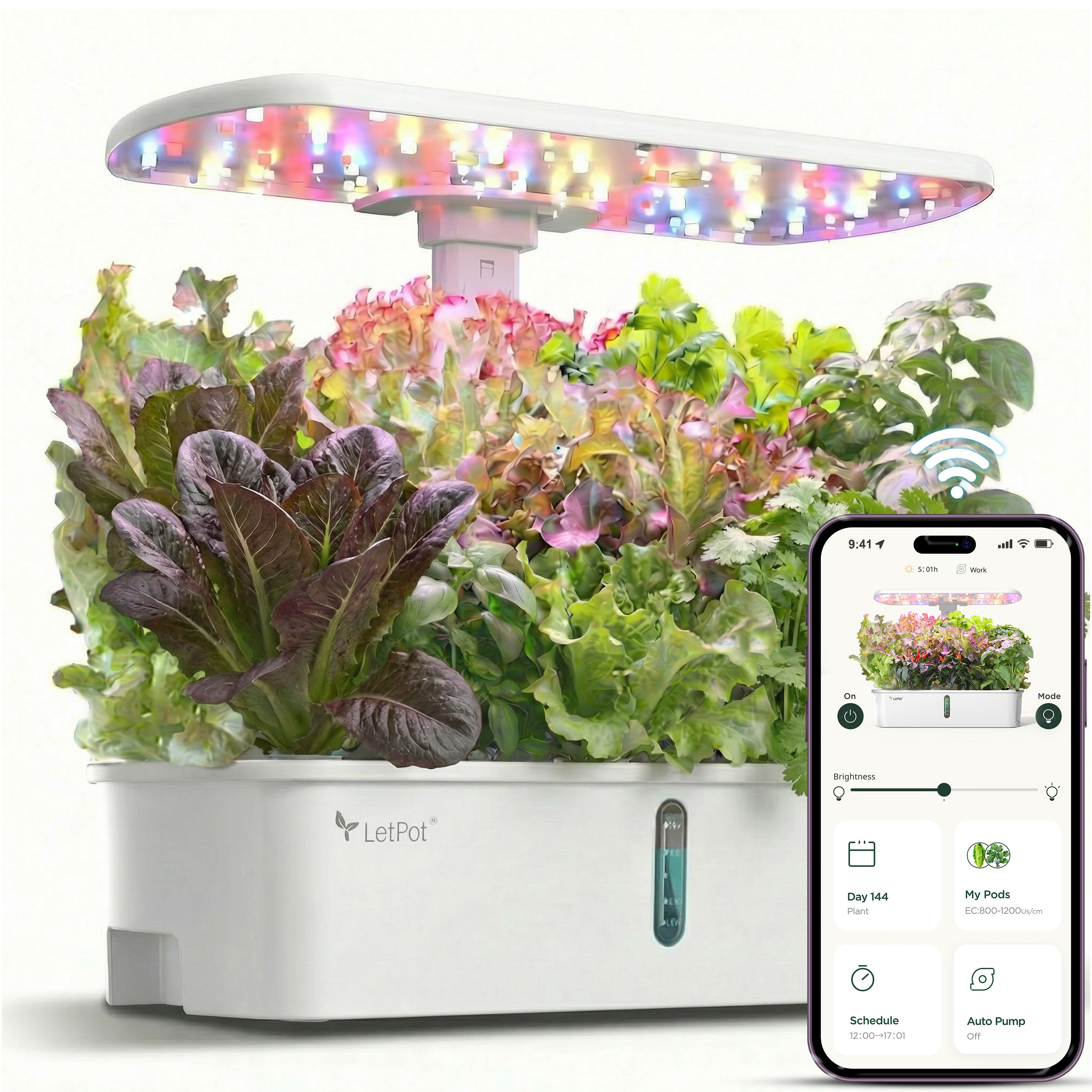Smart indoor hydroponic garden with LED grow light, lush leafy greens, and app control interface