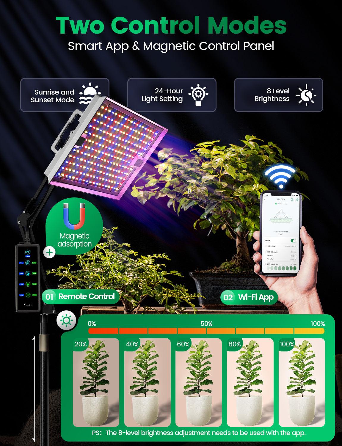 Smart indoor LED plant grow light with app and magnetic control, illuminating potted plants