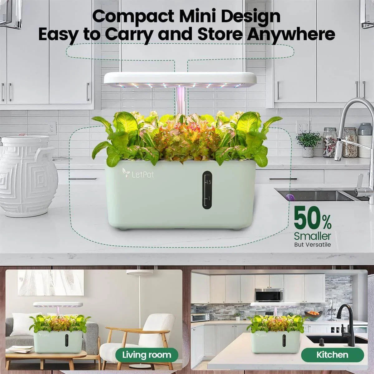 Compact hydroponic indoor garden system with LED grow light on kitchen and living room tables