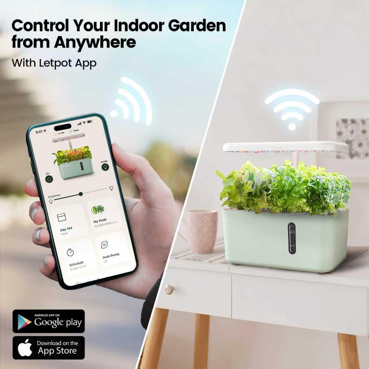 Smart indoor hydroponic garden system controlled by mobile app on a white table
