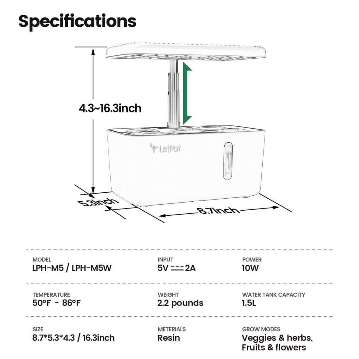 Specification of LetPot Mini indoor hydroponic garden