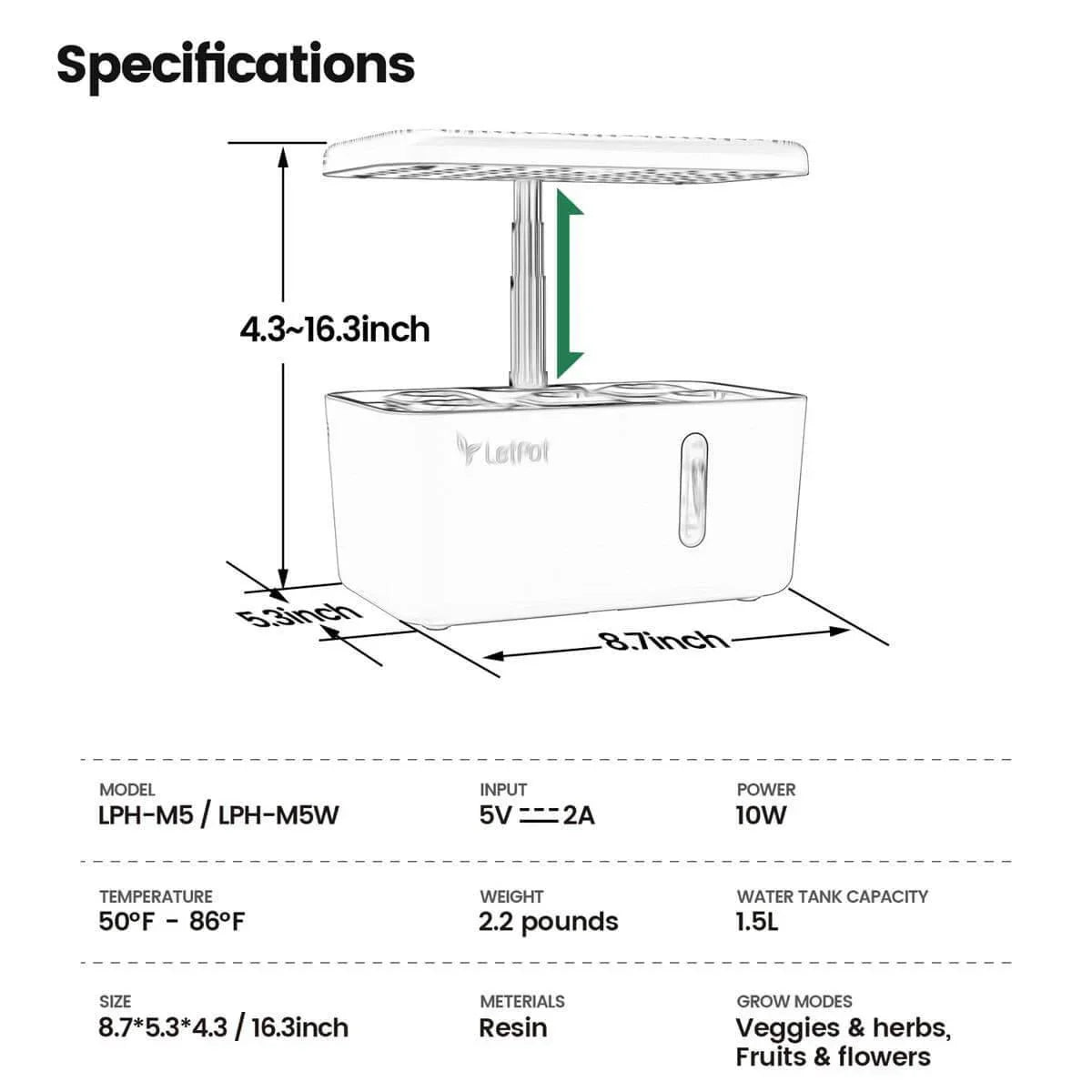 Mini hydroponic growing system with adjustable LED light, product dimensions and specs for indoor gardening.