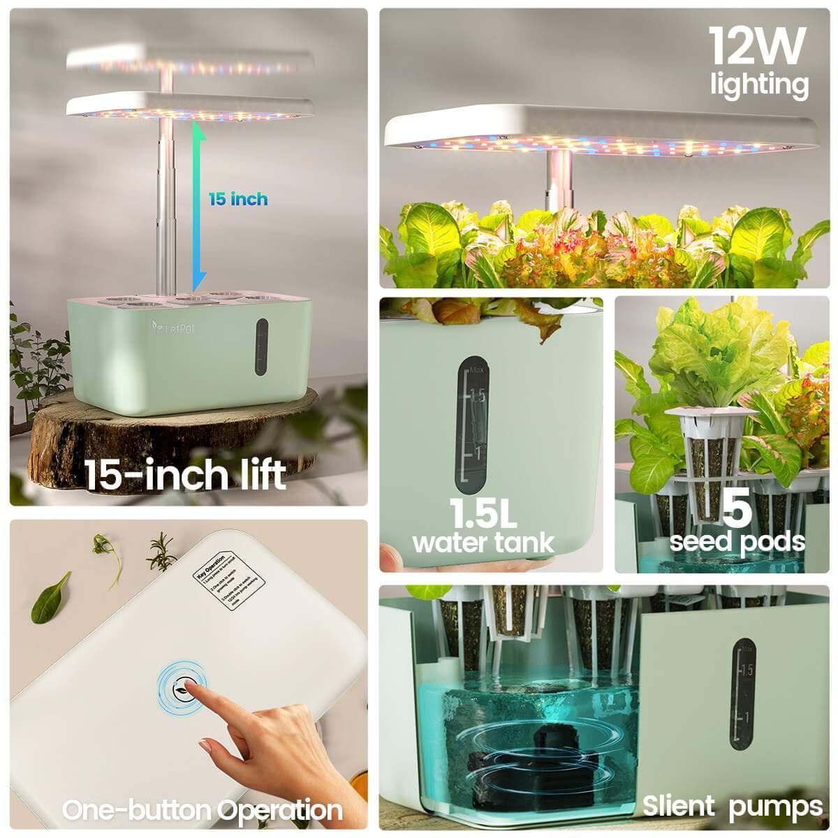 Indoor hydroponic growing system with 15-inch adjustable LED light, 1.5L water tank, 5 seed pods, and one-button operation.