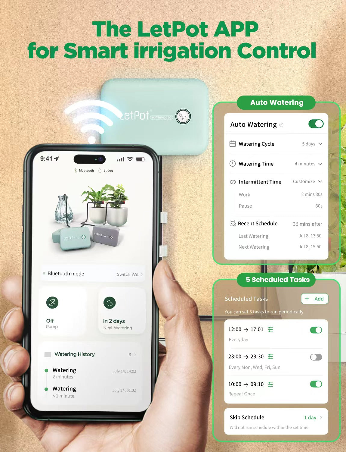 Hand holding smartphone displaying smart irrigation app for automatic plant watering control