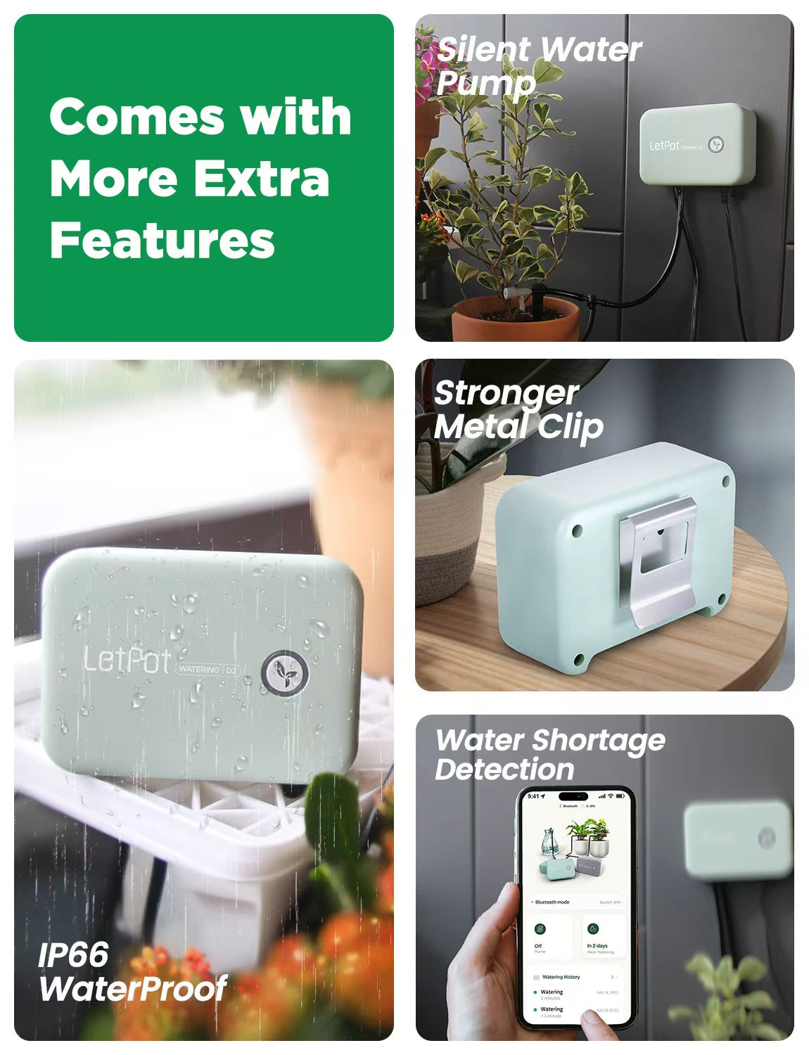 Smart automatic plant watering system with silent pump, waterproof housing, strong metal clip, and water shortage detection, shown near indoor plants and smartphone app.
