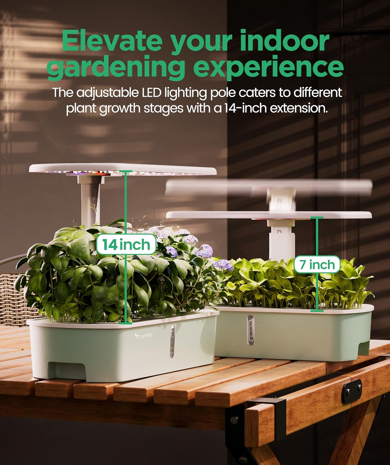 Indoor hydroponic garden with adjustable LED grow lights and lush green plants in two stages.