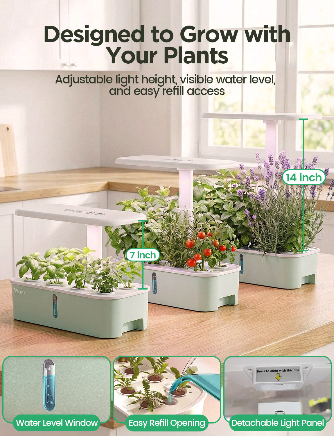 Indoor hydroponic garden with adjustable LED grow lights and lush green plants in two stages.