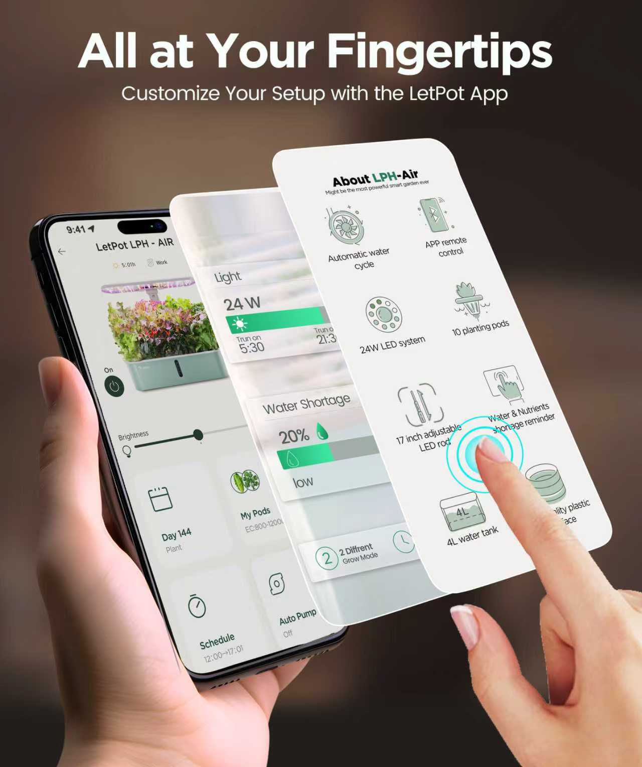 Hand holding smartphone displaying indoor hydroponic system app control panel, features highlighted.