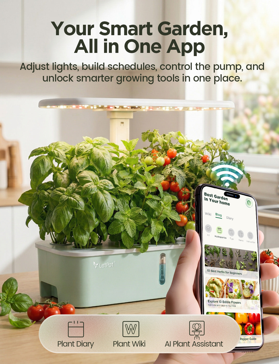 Hand holding smartphone displaying indoor hydroponic system app control panel, features highlighted.