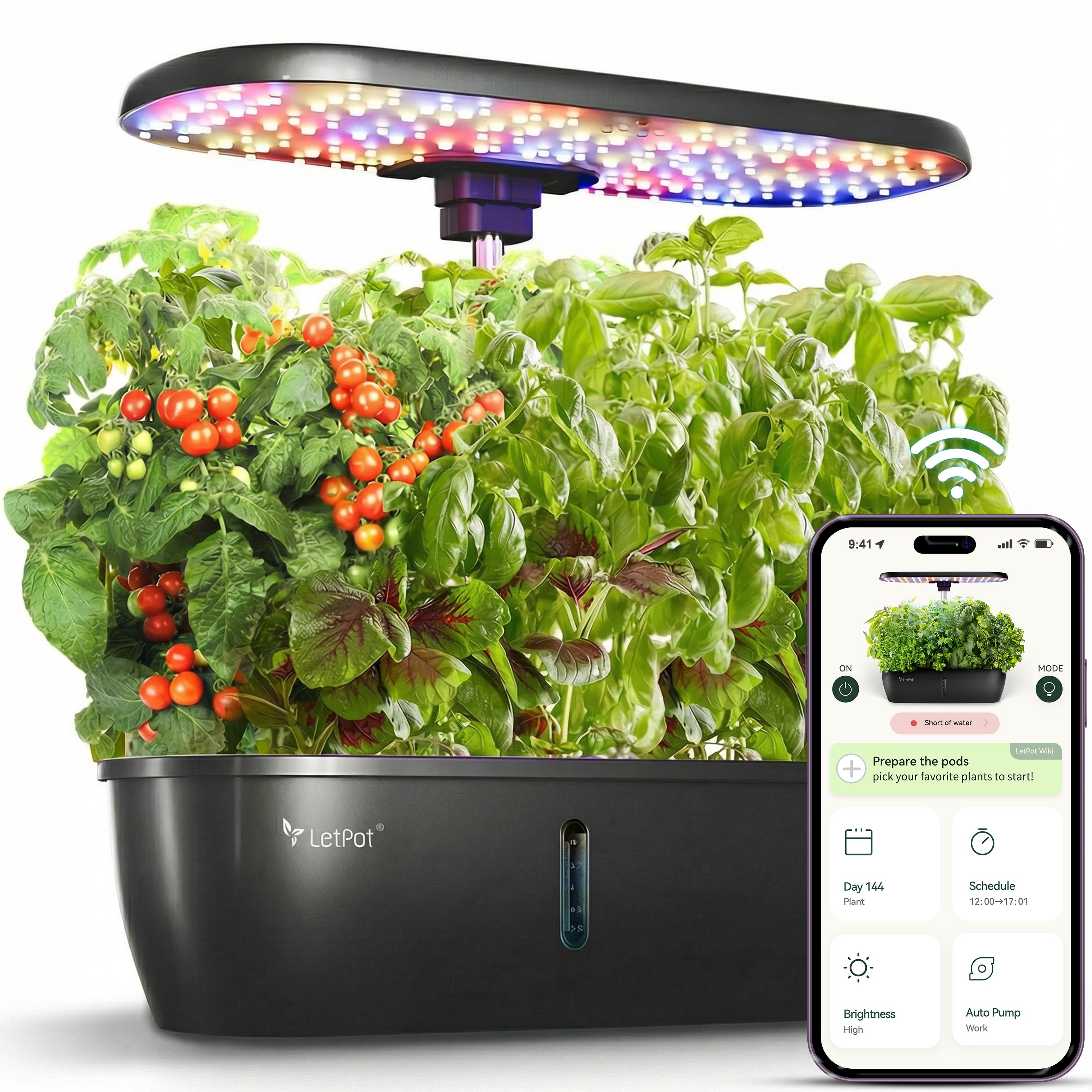 Indoor hydroponic garden kit with LED grow light, lush herbs, tomatoes, and smart app control.