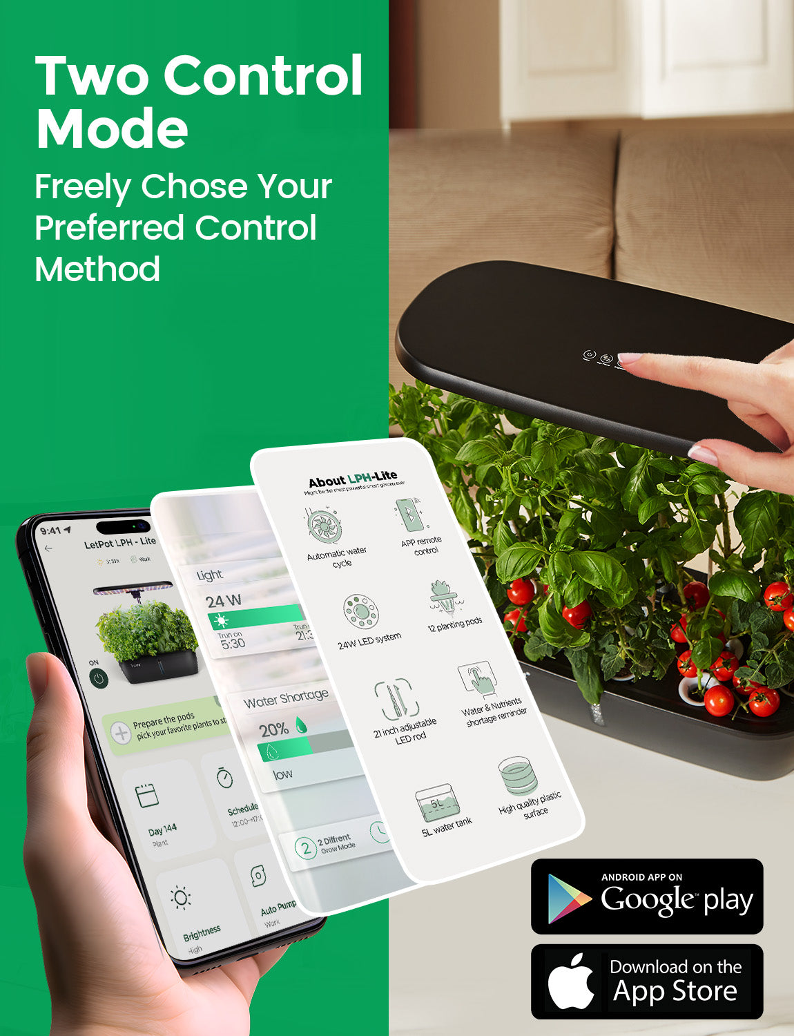 Smart indoor hydroponic growing system with app control and touch interface, tomatoes visible.