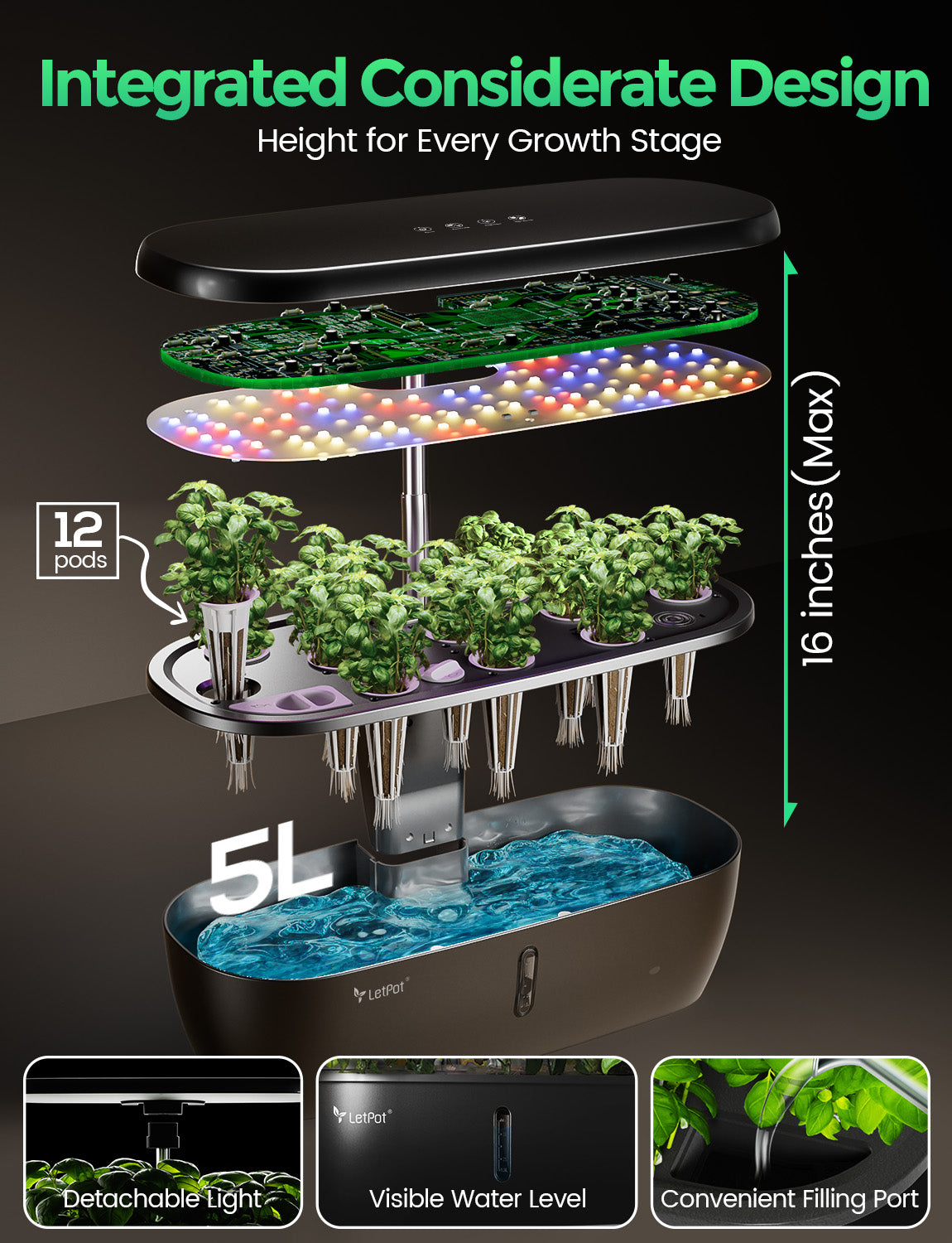 Hydroponic indoor growing system with adjustable LED light, 12 pods, 5L water tank, and visible water level indicator.