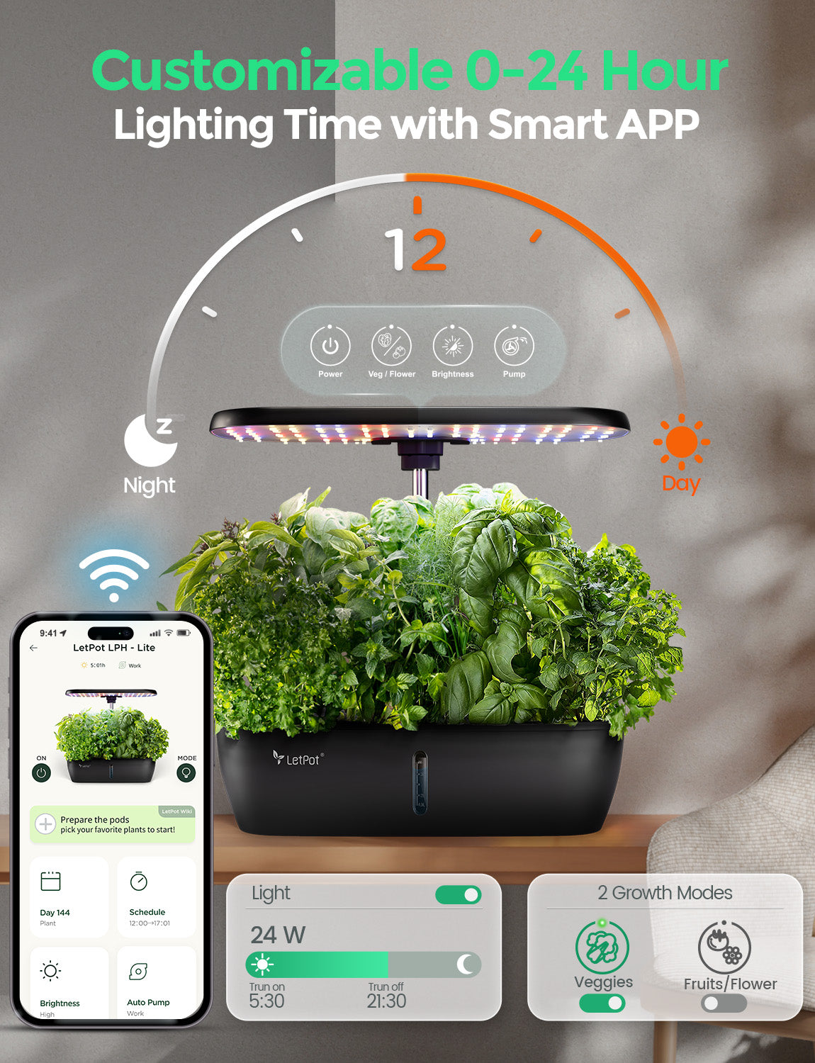 Indoor hydroponic growing system with LED light, herbs, and smart app control on phone screen