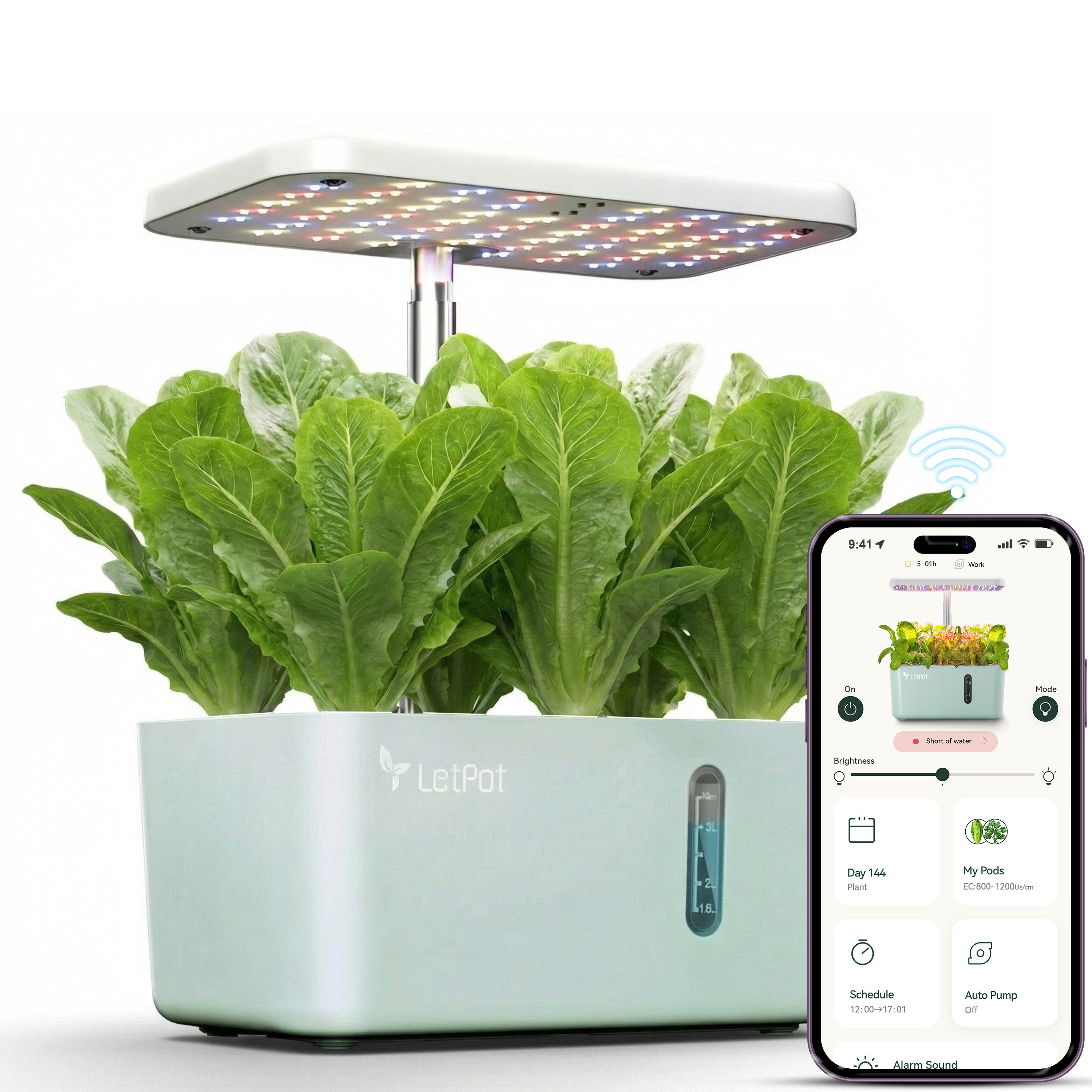Smart indoor hydroponic garden system with leafy greens, LED grow light, and app control