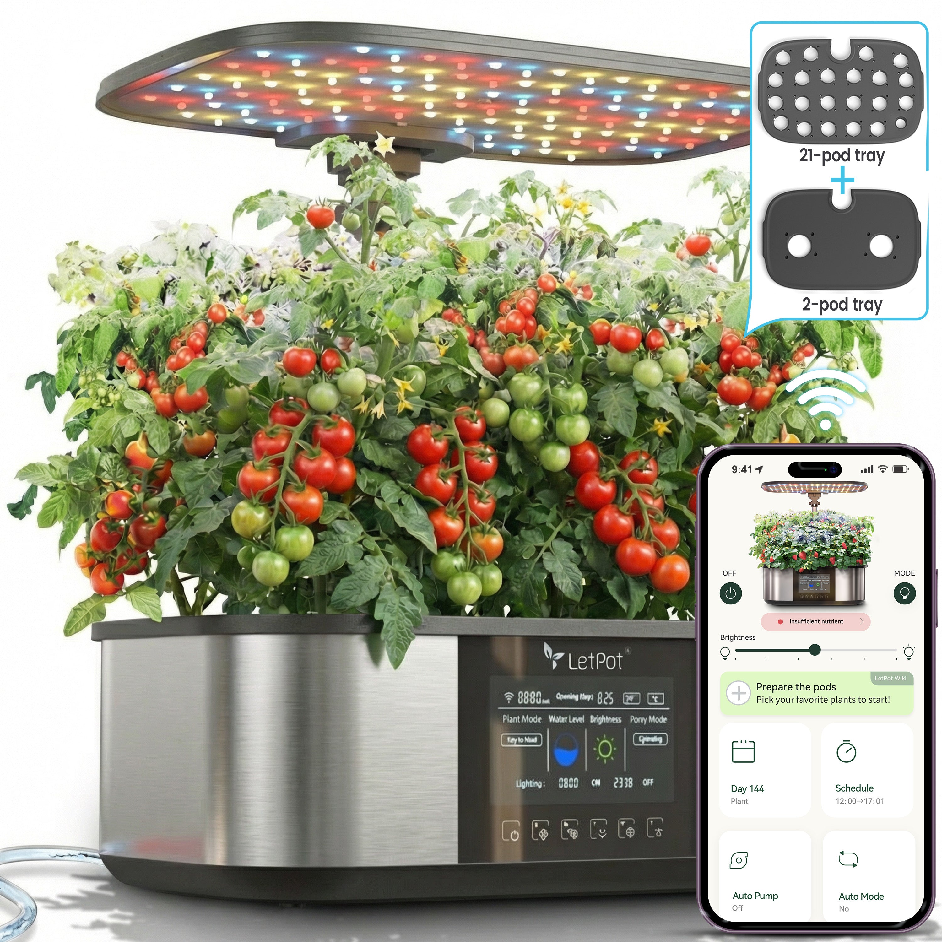 Indoor hydroponic system growing tomatoes with smart LED light, app control, and pod tray options.