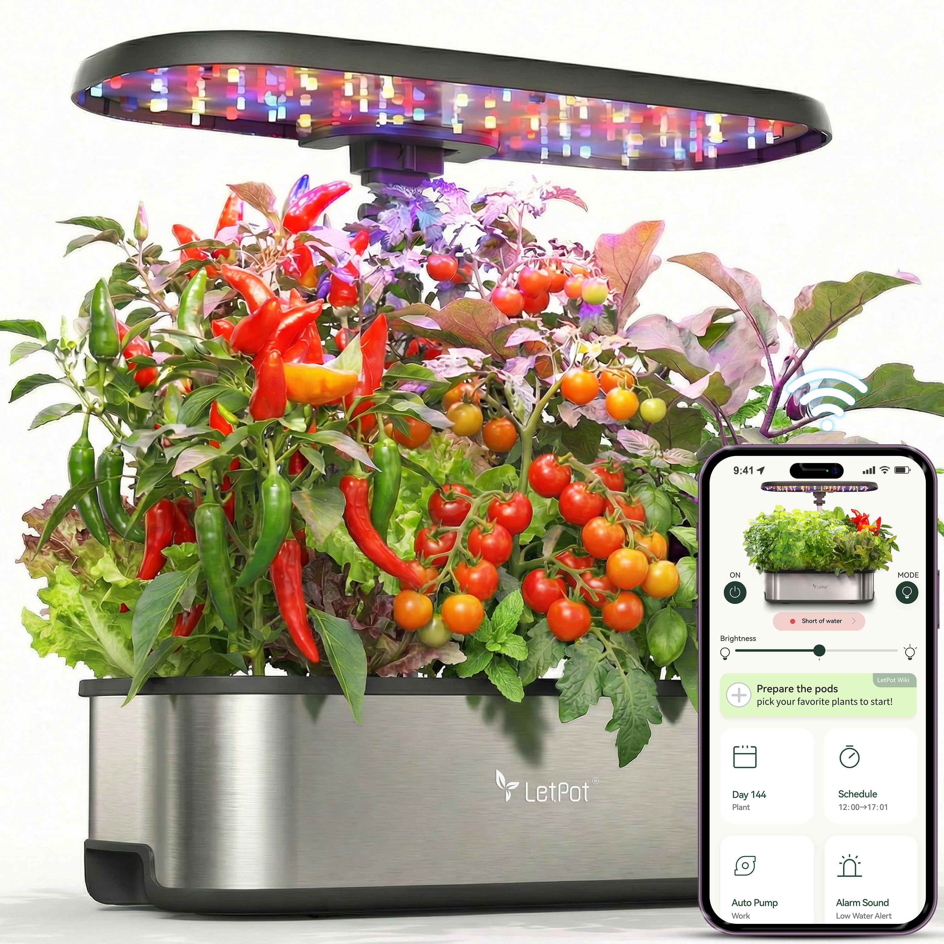 Smart indoor hydroponic garden with LED grow light, fresh vegetables, and mobile app control