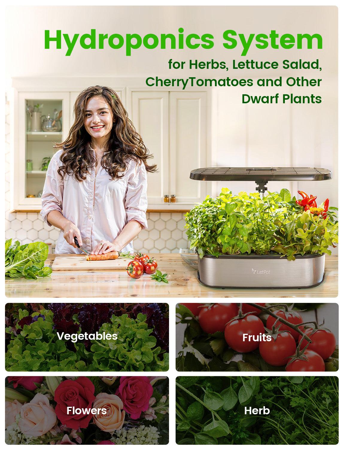 Indoor hydroponic system growing herbs, tomatoes, vegetables, and flowers in a kitchen setting.
