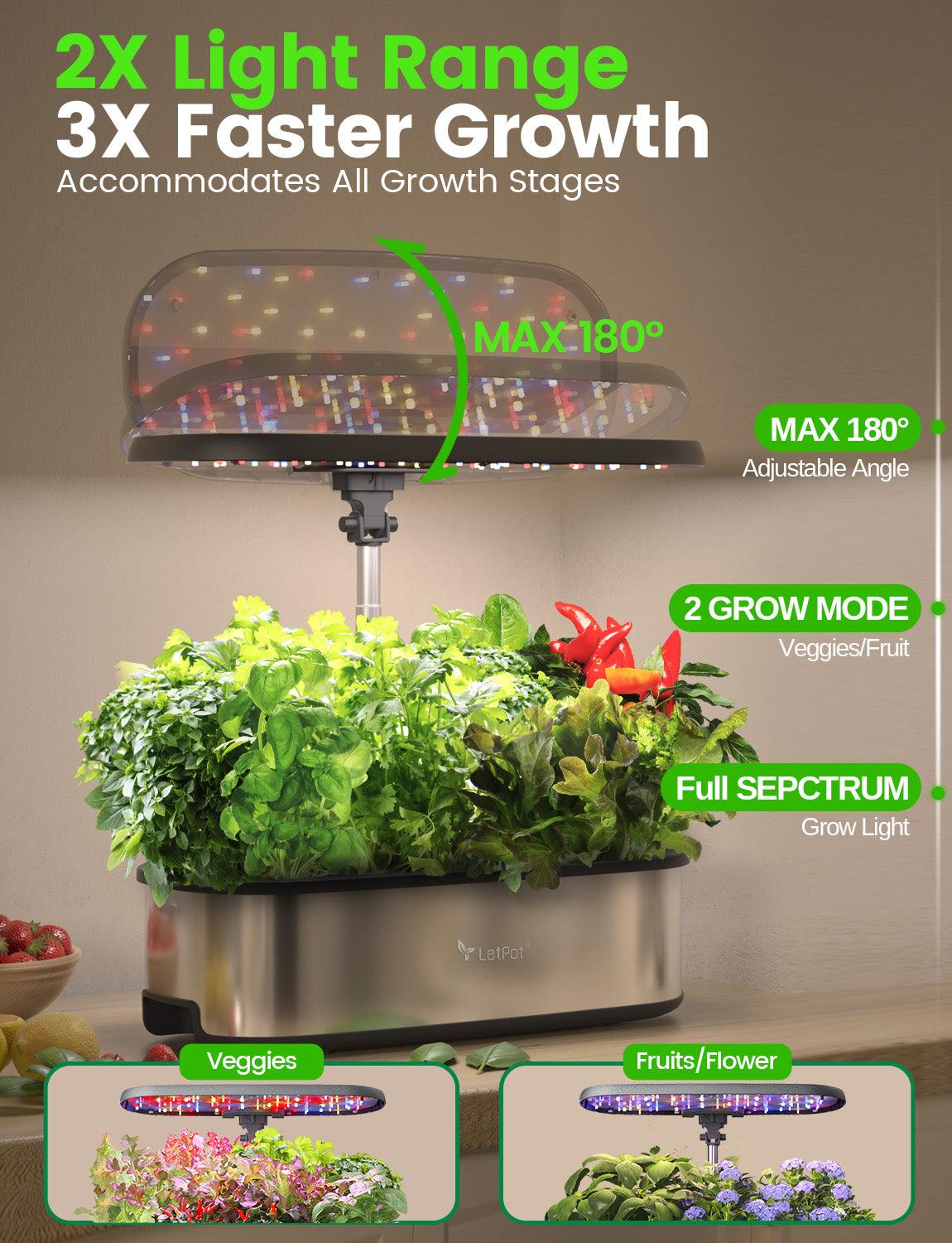 Indoor hydroponic garden system with adjustable LED grow light, herbs, and vegetables