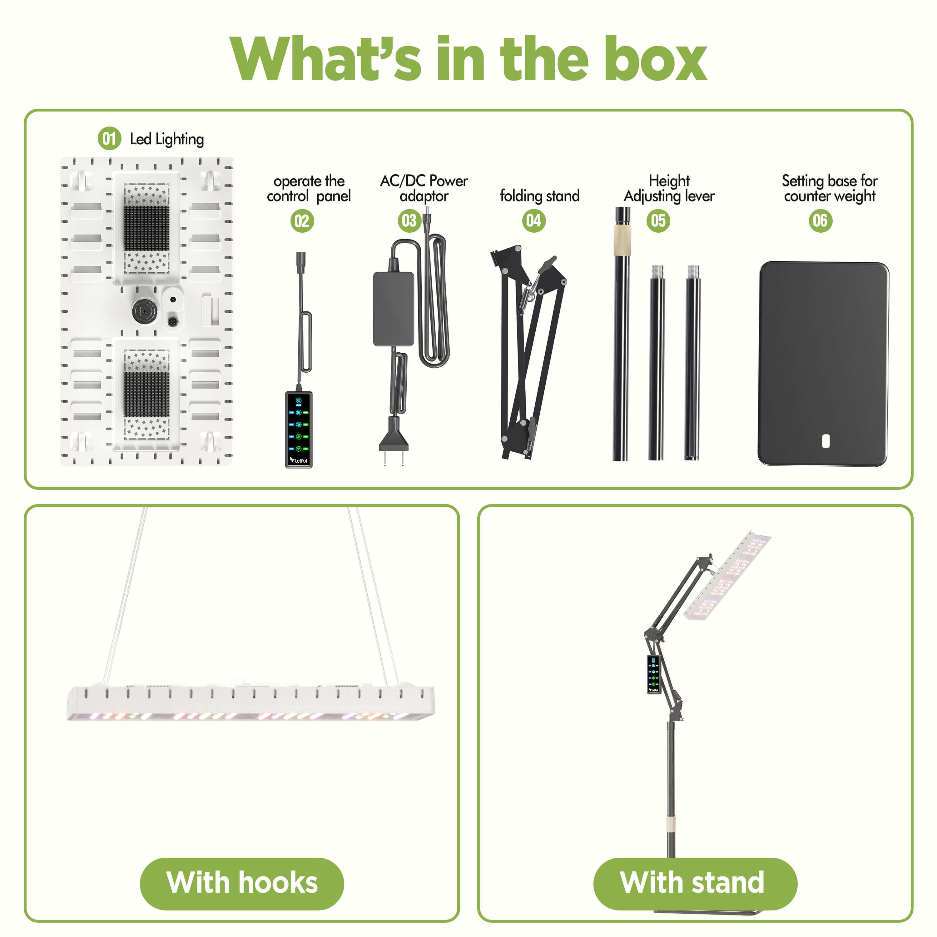 Full spectrum 48-watt LED grow light with stand, control panel, and hanging kit included