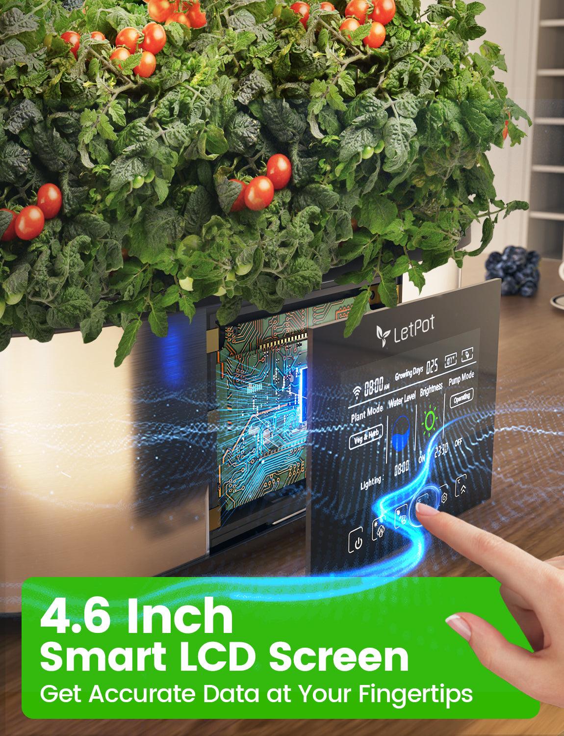 Indoor hydroponic system with tomatoes and a 4.6-inch smart LCD touchscreen control panel