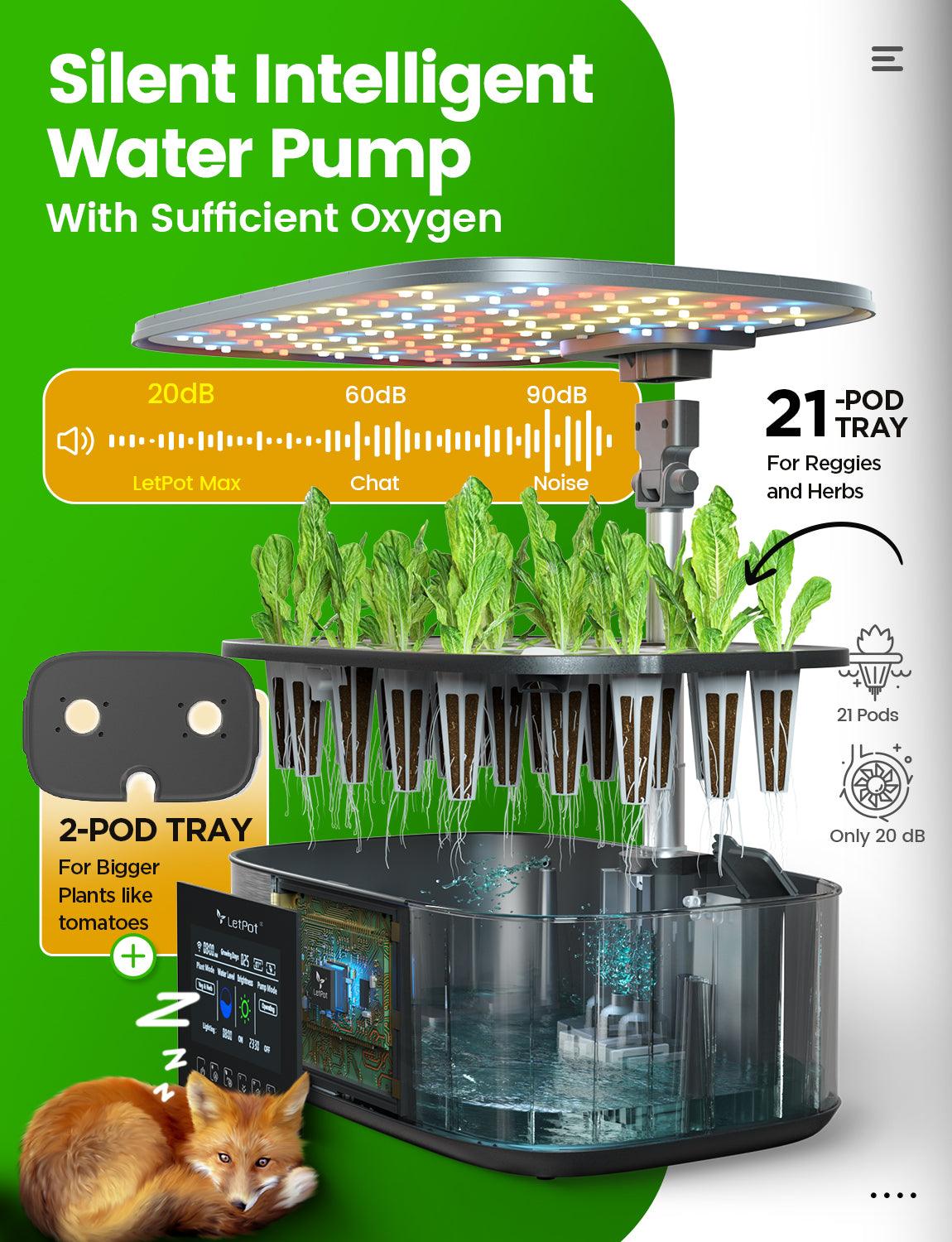 Indoor hydroponic system with silent intelligent water pump and 21-pod tray for plants