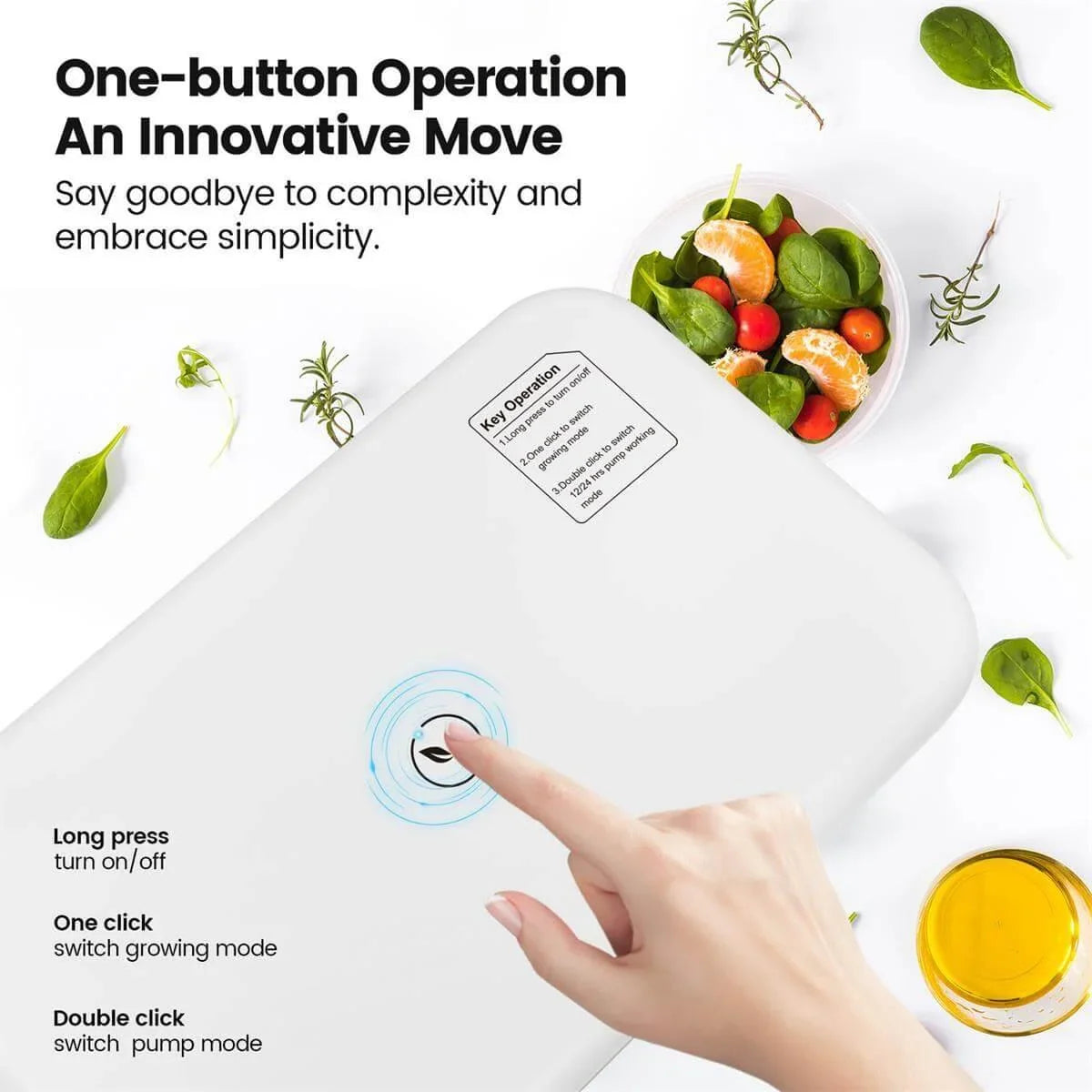 Finger pressing one-button control on white indoor hydroponic planting system, salad nearby