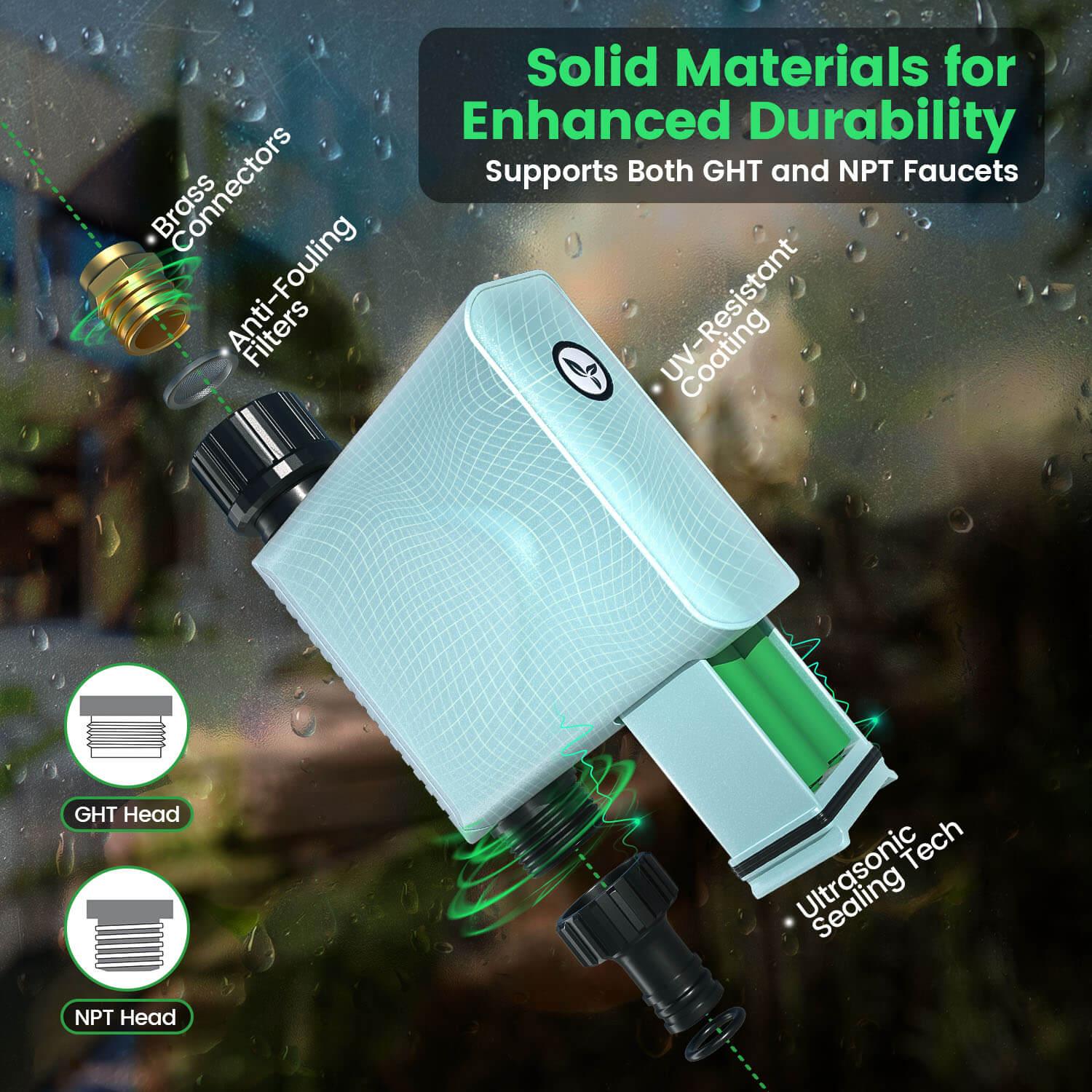 Outdoor water hose timer with brass connectors, anti-fouling filters, UV-resistant body, and NPT/GHT compatibility.