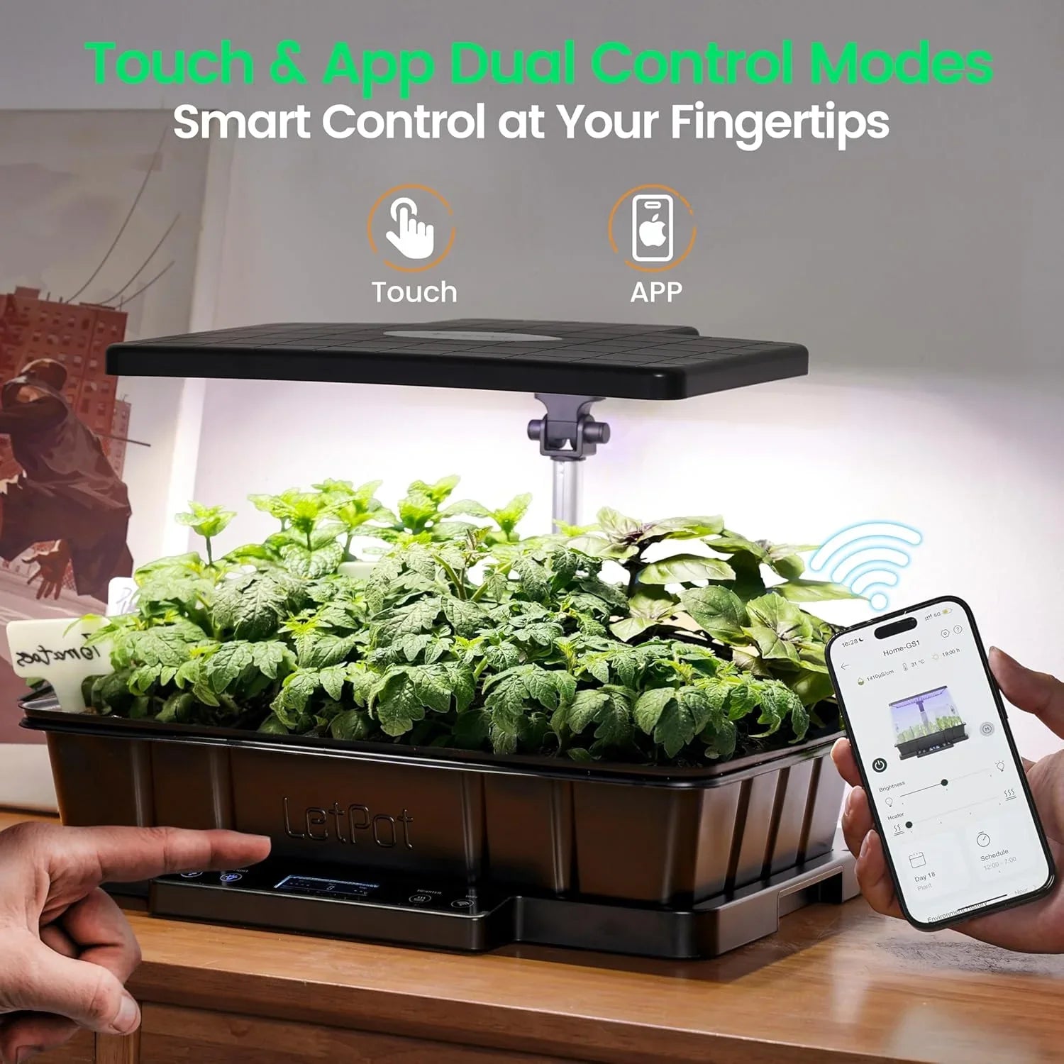 Smart indoor hydroponic garden with touch and app controls, growing leafy plants under LED light.