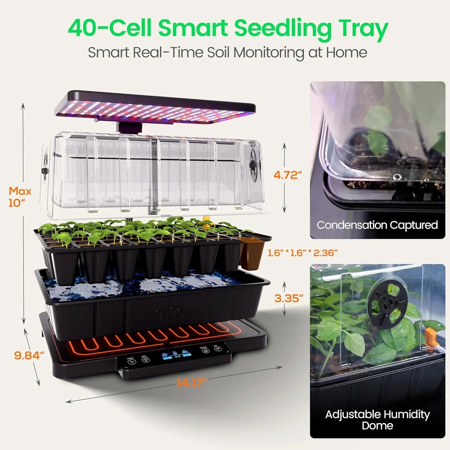 40-cell smart seedling tray with adjustable humidity dome, LED grow light, and real-time soil monitoring.