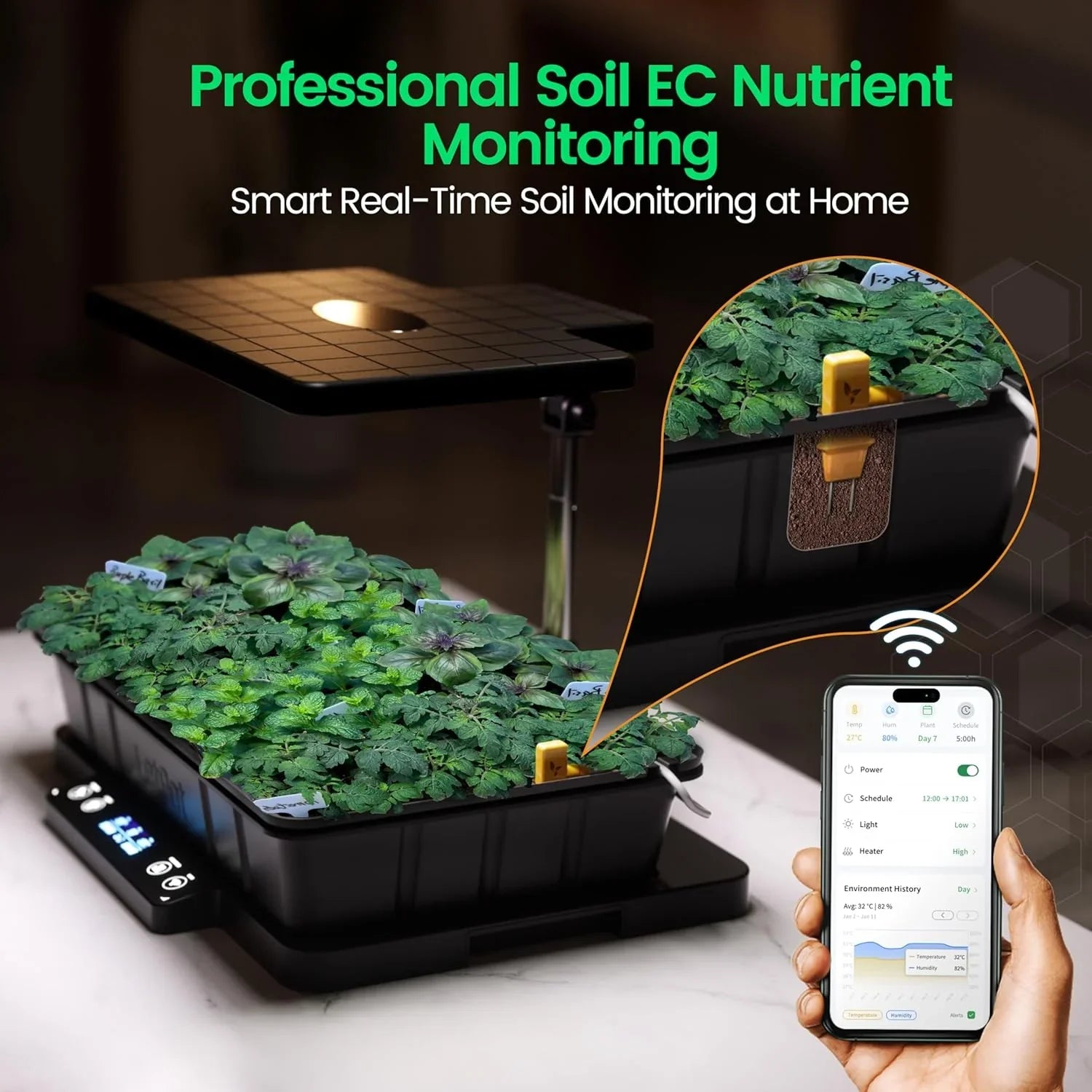 Smart indoor hydroponic system with real-time soil EC monitoring and mobile app control.