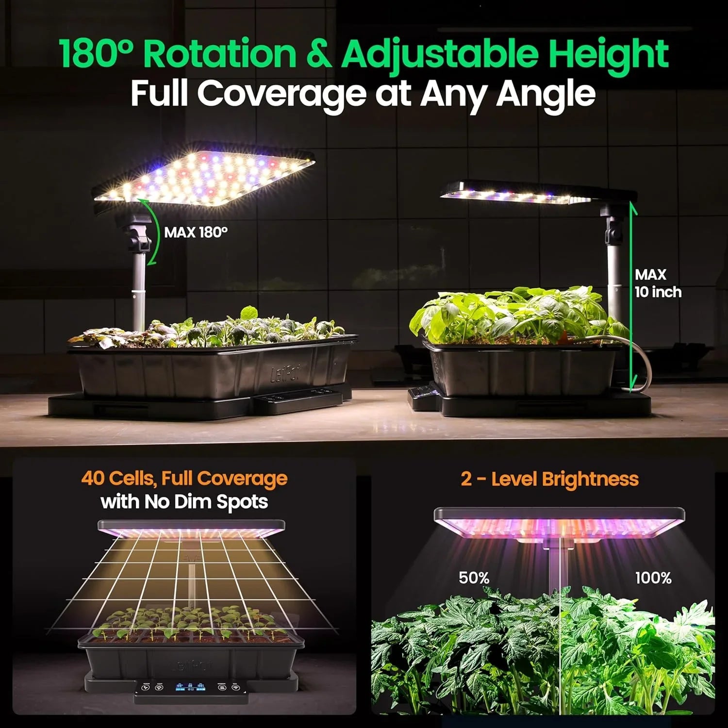 Indoor hydroponic garden system with adjustable LED grow lights, height and brightness settings