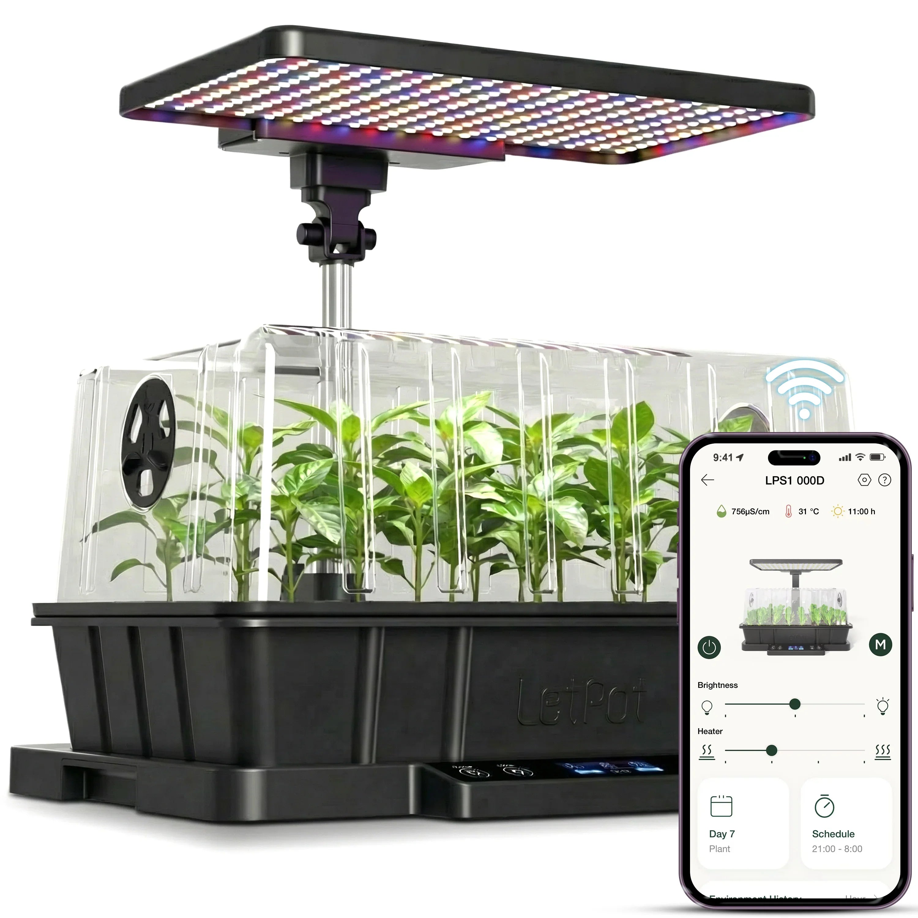 Smart indoor hydroponic seed starter system with LED grow light and app control interface