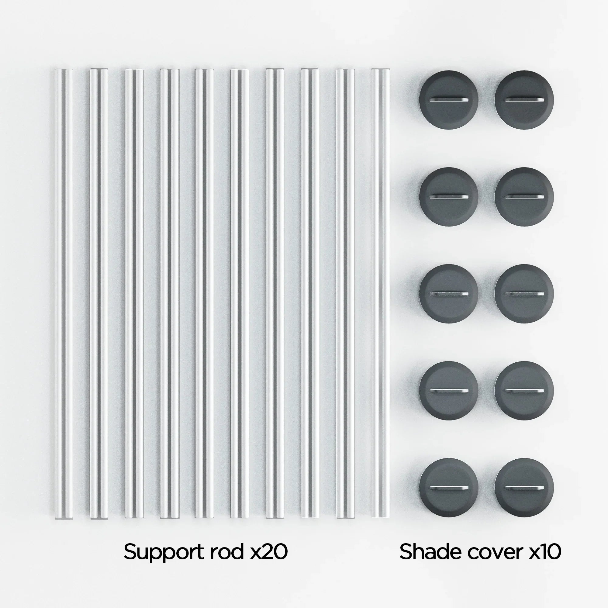 Set of 20 silver support rods and 10 round black shade covers for indoor hydroponics.