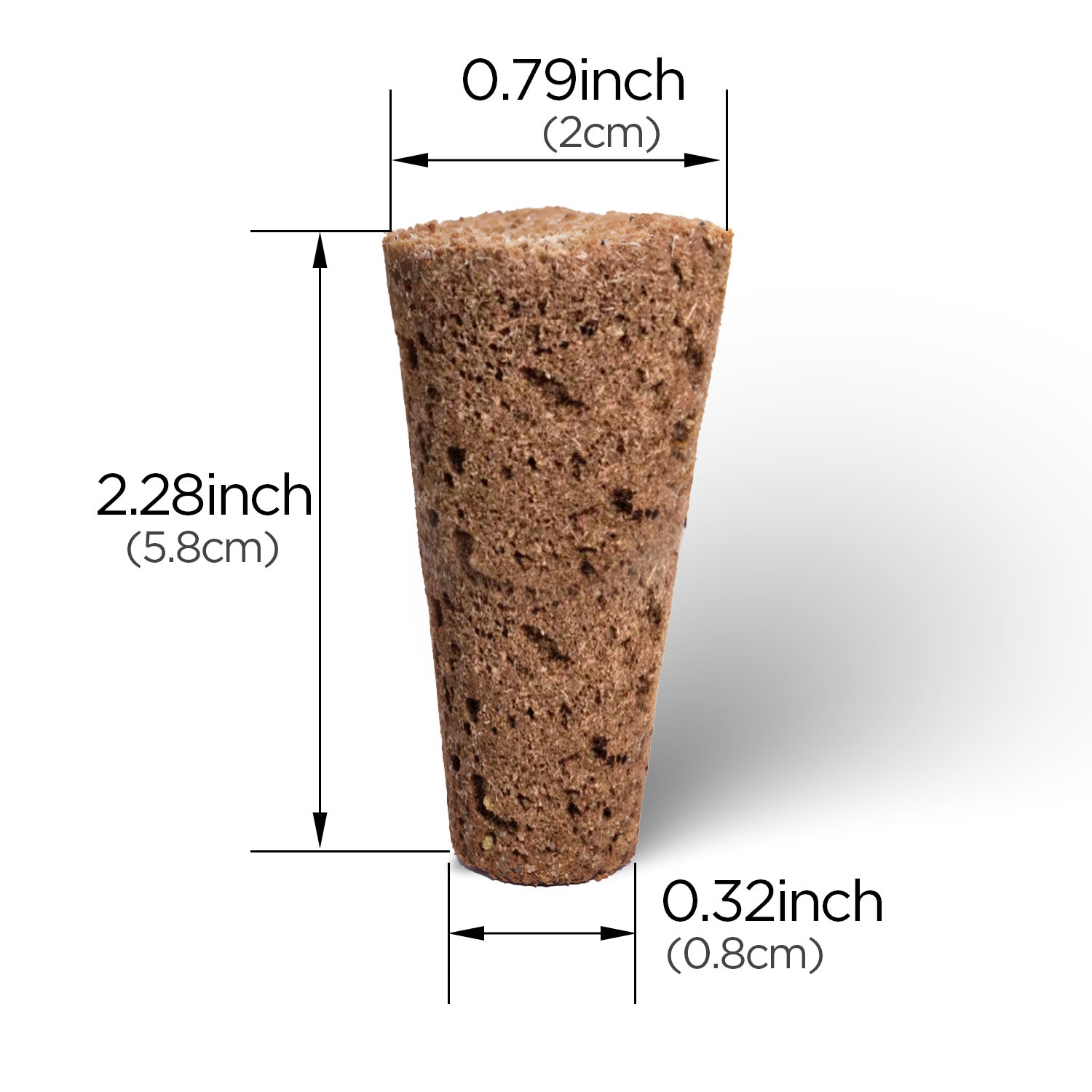 Biological peat sponge for hydroponics, conical shape with labeled dimensions