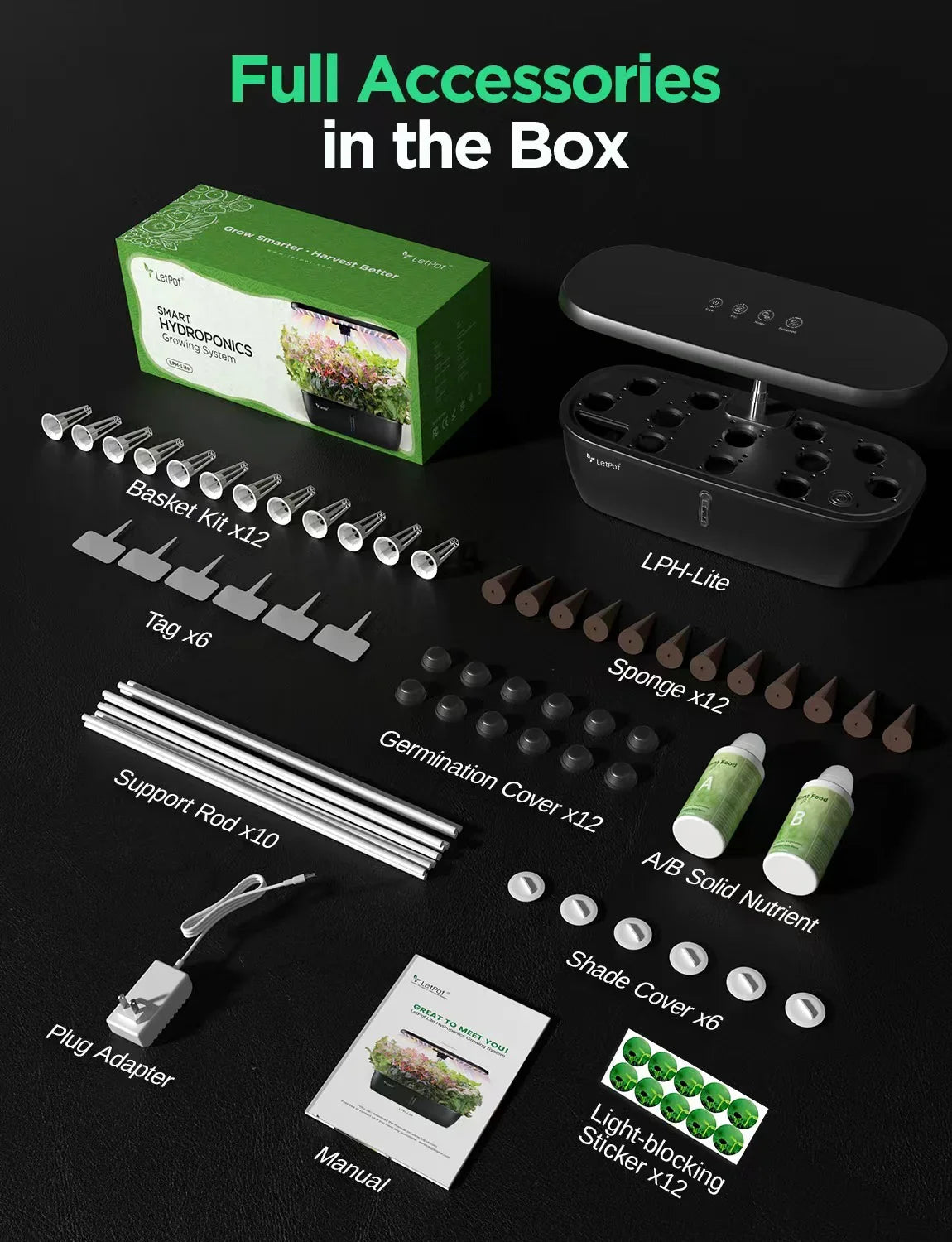 Indoor hydroponic system kit with smart planter, accessories, nutrients, manual, and box