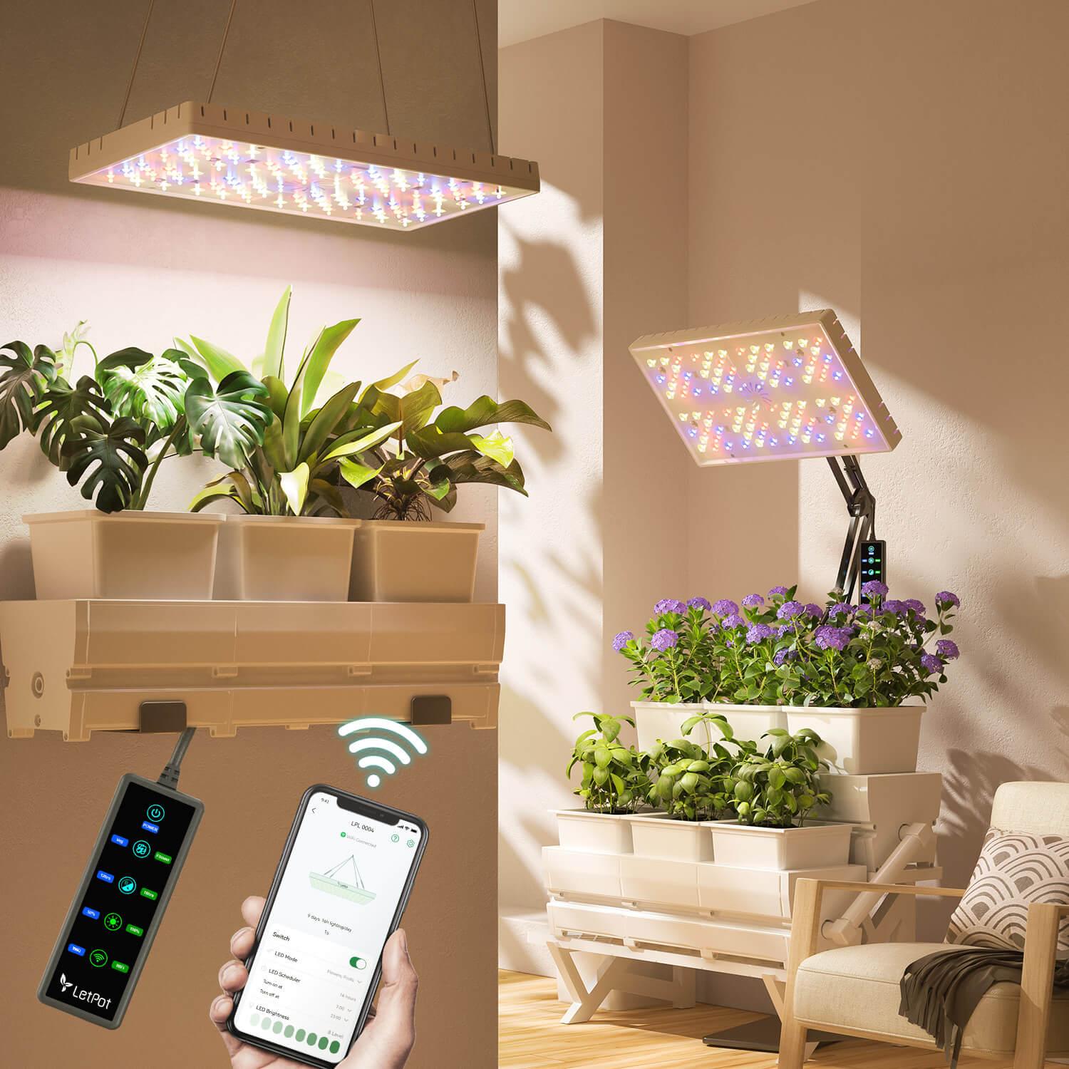 Indoor plant grow lights over smart hydroponic garden system with app and remote control
