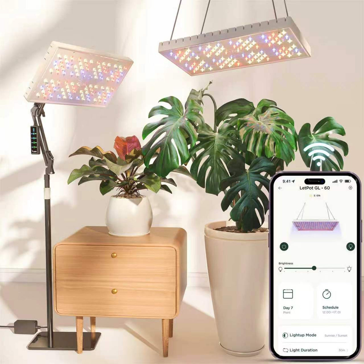 Indoor grow lights illuminating potted houseplants in a modern home setting