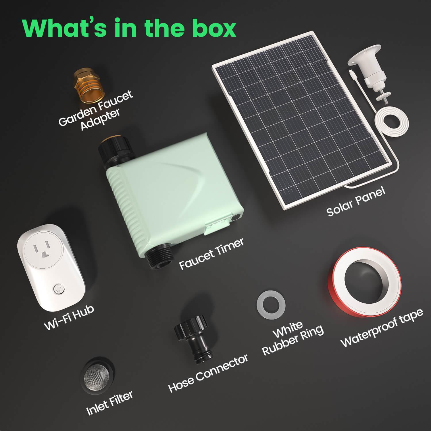Indoor garden watering system kit with faucet timer, solar panel, Wi-Fi hub, and accessories.