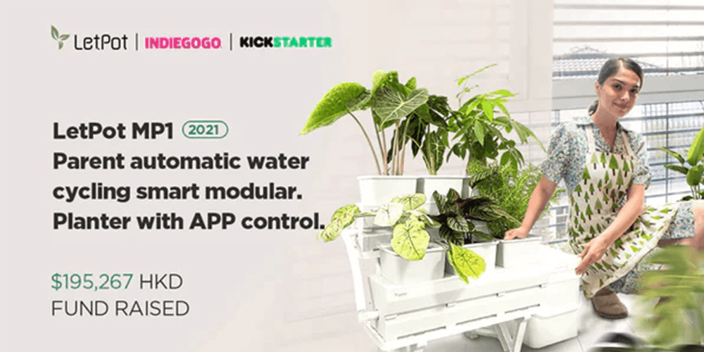 Woman sitting next to smart modular hydroponic planter with leafy indoor plants and app control.