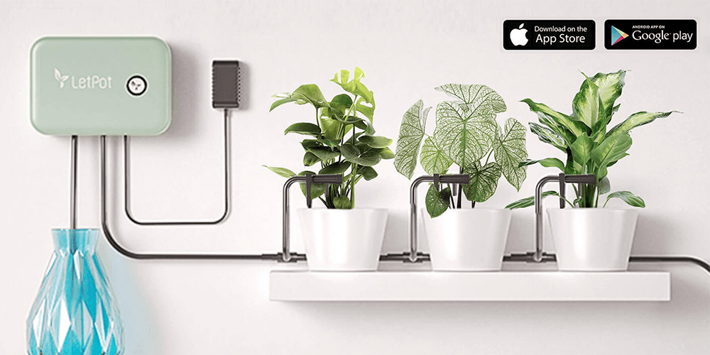 Indoor smart hydroponic watering system connected to three potted plants on a shelf